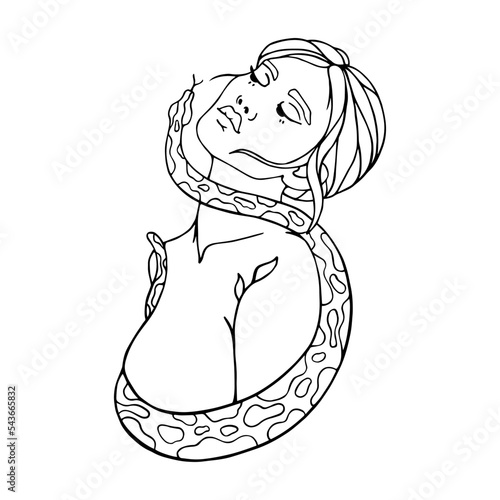 Linear portrait of a young girl with a royal python around her neck.Vector graphics.