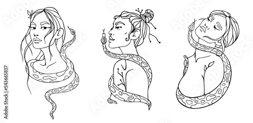 A set of sketches of portraits of young, beautiful girls with a royal python around their neck.Vector graphics.