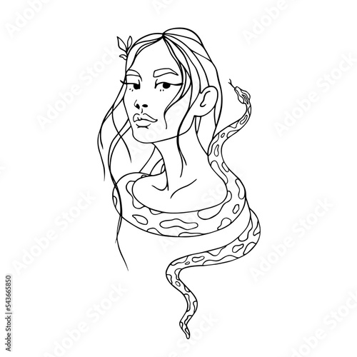 Linear portrait of a young girl with a royal python around her neck.Vector graphics.