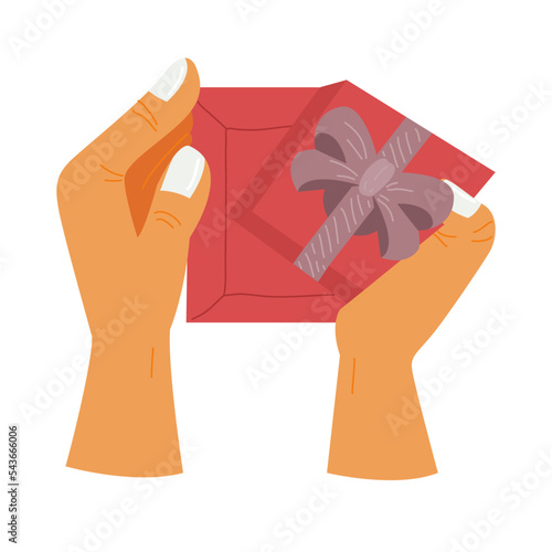 flat vector. human hand from top view point unboxing gift box. hand drawing illustration in warm color tone