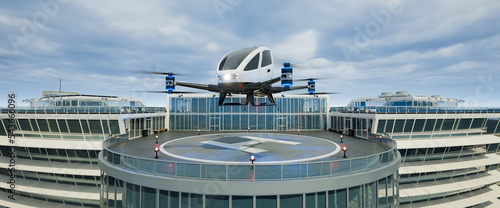 Tela Autonomous driverless aerial vehicle takeoff on rooftop, 3d render