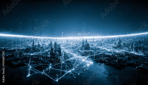 The concept of a high-speed internet connection visualized as cables linking up in a spectacular futuristic and cyberpunk cityscape with skyscrapers. Digital art 3D illustration.