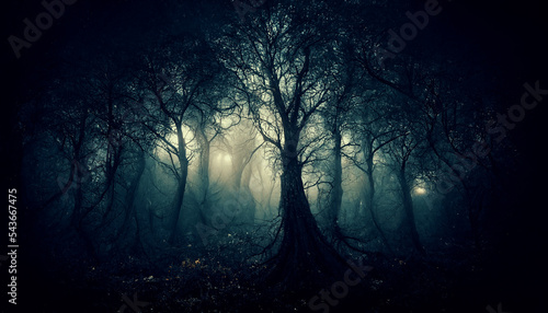 Fotografia, Obraz Dark scary forest cursed by witch spell spectacular 3D illustration for ghost an