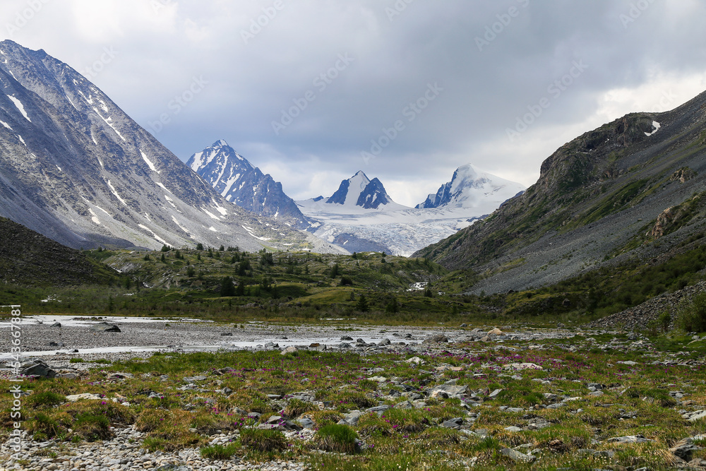 Sophia glacier and Akkol river valley in Altai mountains