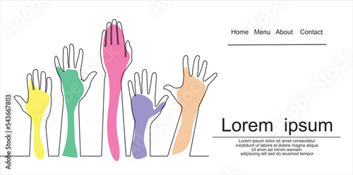 Continuous one line drawing of volunteering hands. Illustration with quote template. Can used for logo, emblem, slide show and banner.