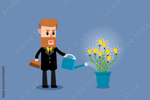Businessman watering plant light bulb. Creativity for business growth. Increasing knowledge in order to be successful. Business Concept. Vector illustration