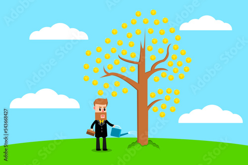 Businessman watering financial tree. Leader invest money in business. Business Concept. Vector illustration