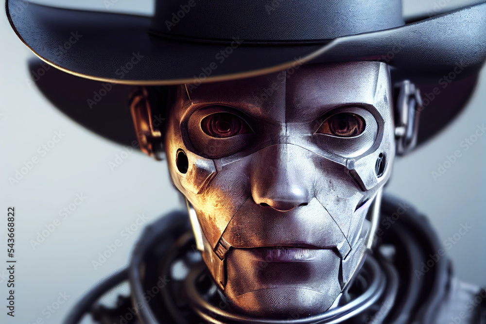close-up digital art portrait of an automaton in Western 19th century cowboy close-up digital art portrait of an automaton in Western 19th century cowboy