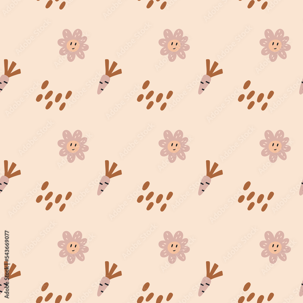 Boho modern minimalist pattern newborn carrot flower. Baby Shower Scandinavian pastel wallpaper. Textile fabric design for kids. Flat bohemian vector neutral background paper