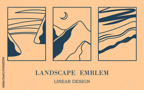 Abstract landscape print collection. Simple linear vector illustration set. Web banner or room wall posters. Flat outline hand drawn silhouettes with sea and mountains.