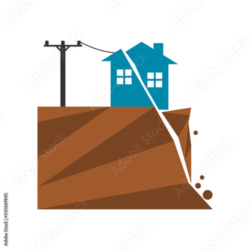 Broken building house with electric power voltage pole on mountain hill collapse earthquake landslide natural disaster warning sign icon flat vector design.