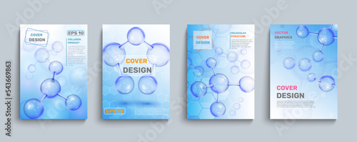 Chemical molecules, medical cover, poster set. Science or medicine brochure collection, vertical banners, nuclear chemistry research. Glass balls model isolated background. Vector design