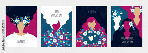 Abstract woman poster set. Modern girls portrait silhouette with flowers bouquet, floral plants in long hair, spring holidays cords template, wall art minimal style, vector illustration set