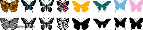Butterfly beautiful wings silhouette of orange monarch, blue, pink and black insect set