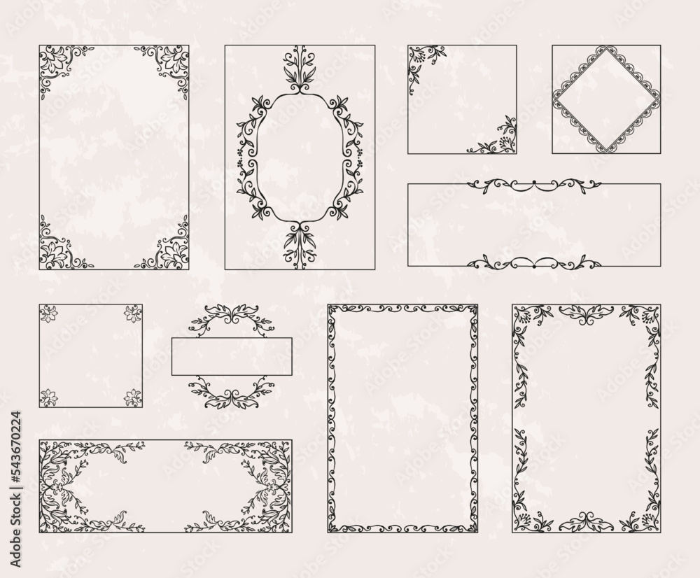 Vintage menu, certificate border frames. Retro art deco bookplate decoration, modern award ornate. Elegant minimalist floral decorative elements. Card or poster. Vector pattern template