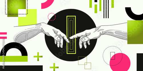 Glitch art. Adam creation. Human hands touch gesture. Michelangelo Renaissance god arm. Geometric shapes. Pixel background. Religious idea. Computer lines. Vector illustration concept