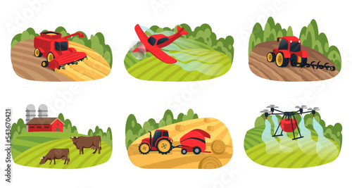 Agriculture farm fields. Rural lands. Tractor and airplane. Livestock cultivation. Farming machinery. Drone robot. Harvest growing. Farmland landscapes set. Vector illustration background