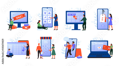 Shop icons. Internet purchase service. Man or woman buy in online store. Digital shopping concepts set. Outline retail order. Mobile and computer screen. Web app. Vector decent illustration