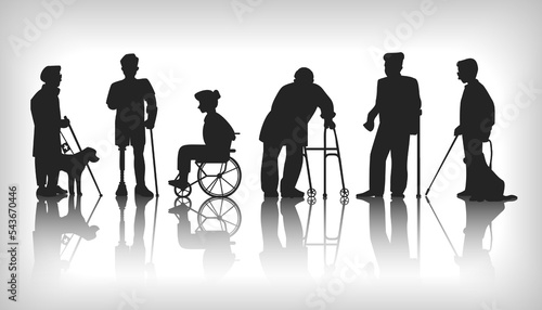 Disabled person silhouette. Blind people with walking canes and guide-dogs. Handicapped woman or man shadows set. Kid in wheelchair. Grandfather with crutch. Vector illustration concept
