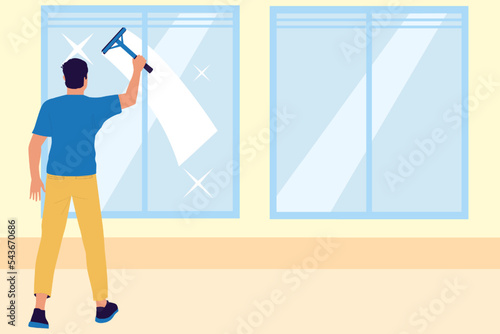 Cartoon housekeeper. Cleaning service worker. Man cleaner washing window with squeegee. Professional hygiene for home and office. Housekeeping activity. Cleanup tools. Vector illustration