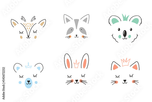 Cute Animal face. Cartoon animals collection, deer, raccoon, koala, bear, rabbit and cat. Vector illustration