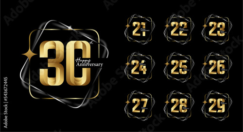 gold happy anniversary logotype set. 21, 22, 23, 24, 25, 26, 27, 28, 29, 30 photo