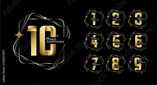 gold happy anniversary logotype set. 1, 2, 3, 4, 5, 6, 7, 8, 9, 10 photo