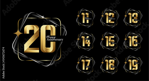 gold happy anniversary logotype set. 11, 12, 13, 14, 15, 16, 17, 18, 19, 20 photo