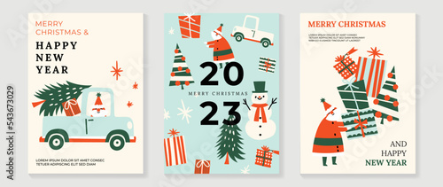 Set of happy new year 2023 and merry christmas concept background. Decorative elements of santa, christmas tree, car, presents, snowman, sparkle. Art design for card, poster, cover, banner, wallpaper.
