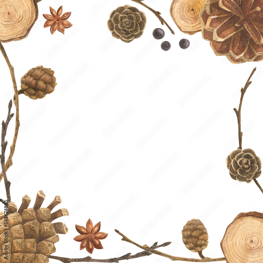 New year design frame with cones and branches New year design frame with cones and branches