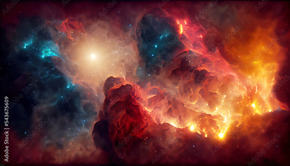 Fiery red and blue nebula cloud with twinkling stars. A larger bright