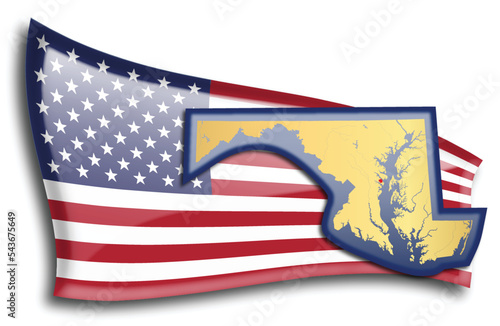 U.S. states - map of Maryland against an American flag. Rivers and lakes are shown on the map. American Flag and State Map can be used separately and easily editable. photo