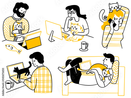 People working with computer, laptop, tablet, smartphone while with cat. Cute character doodle design, outline, linear, thin line art, hand drawn sketch. 