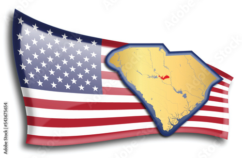 U.S. states - map of South Carolina against an American flag. Rivers and lakes are shown on the map. American Flag and State Map can be used separately and easily editable.