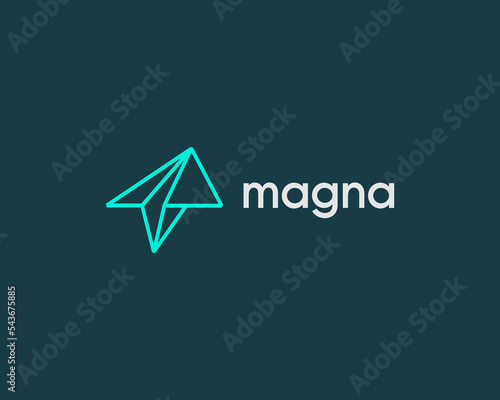 Paper airplane outline logo. Line Art icon. Universal send message start up sign. Aviation freedom travel logotype. Vector illustration.