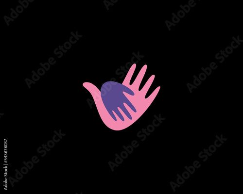 Abstract kid hand and adult hand logo. Flat care support help sign logotype. Vector illustration.