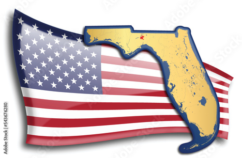 U.S. states - map of Florida against an American flag. Rivers and lakes are shown on the map. American Flag and State Map can be used separately and easily editable.