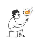 hand drawn doodle person sitting and holding smartphone with envelope notification new massage