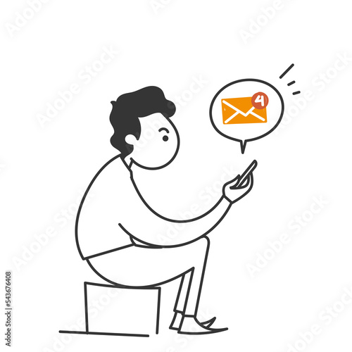 hand drawn doodle person sitting and holding smartphone with envelope notification new massage