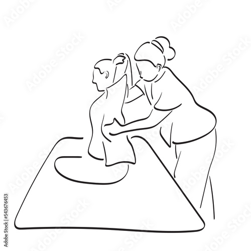 Thai masseuse doing massage for woman illustration vector hand drawn isolated on white background line art.