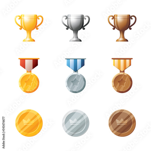 Game UI assets set. Gaming user interface victory trophy icons collection. vector illustration