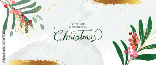 Watercolor christmas winter botanical leaves background vector illustration. Hand drawn holly branches with glitter, gold line art texture. Design for card, banner, poster, wallpaper, decoration.