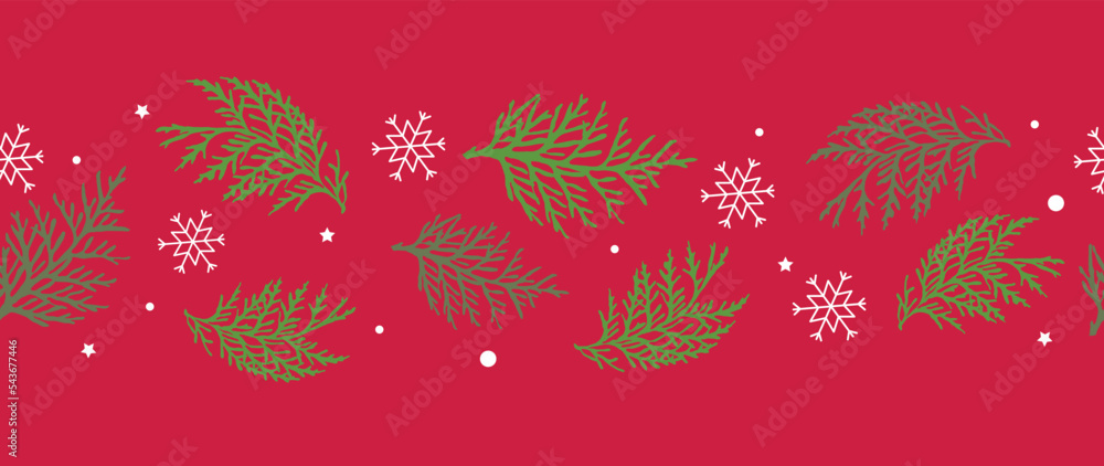 Winter botanical leaves seamless pattern red background. Vector illustration element of winter snowflakes, snow, star, pine leaf branches. Design for textile, print, banner, poster, wallpaper, decor.