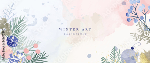 Watercolor winter botanical leaves background vector illustration. Hand drawn winter leaf branch, pine, bauble with gold brush stroke texture. Design for print, banner, poster, wallpaper, decoration.