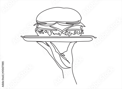 One continuous line drawing of waiter carries burger or hamburger on a tray. Fast food concept. A hand holds a tray. Line Art isolated white background.