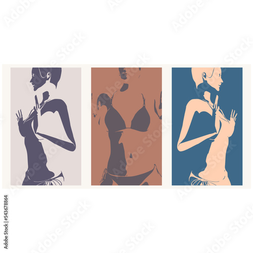 Beautiful sexy fitness girl wearing swimsuit. Stop peaceful gesture. Various views. Sliced background