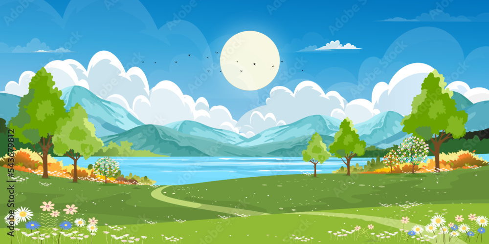 Obraz premium Nature Spring Rural landscape of Green Fields Meadow on Hills with Clouds and Blue Sky,Vector Cartoon Panorama Sunny day Summertime,Panoramic Natural Countryside with Mountains, Wild flowers field