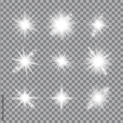 White light glow effect  light rays set. Radiant flash  lens flare  vector illustration