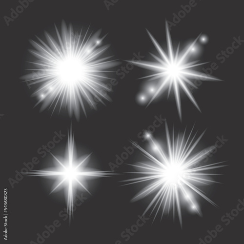 White light glow effect, light rays set. Radiant flash, lens flare, on dark background, vector illustration