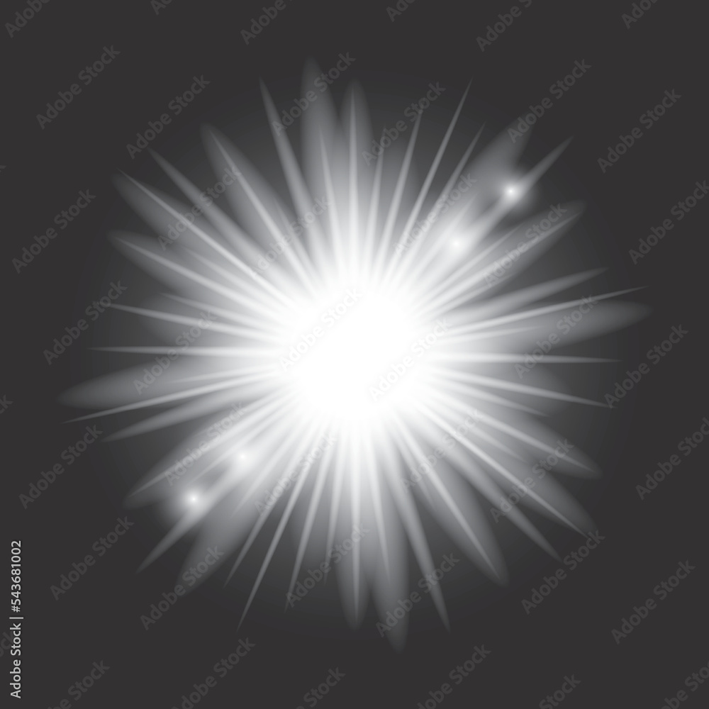 White light glow effect, light rays. Radiant flash, lens flare, on dark background, vector illustration White light glow effect, light rays. Radiant flash, lens flare, on dark background, vector illustration